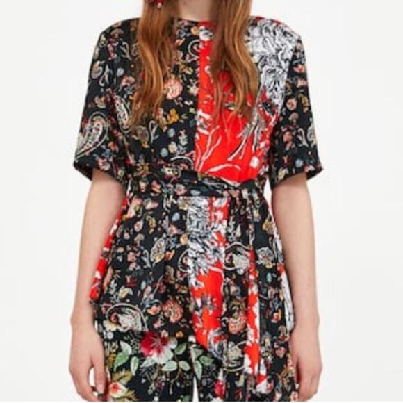 Zara red orange black white floral tie waist asymmetrical hem top size Medium - Picture 2 of 16